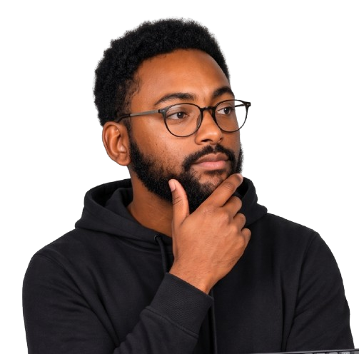 Fandishe M. in a black hoodie and glasses, working at a MacBook.